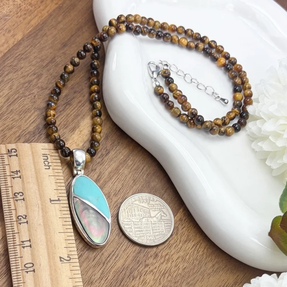 Vintage Sterling Silver 925 Abalone Turquoise Southwest Inlay Pendant Necklace
